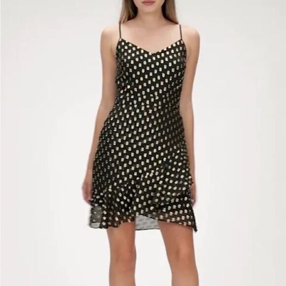 Banana Republic Strappy Ruffle Metallic Dot Mini Dress in Black & Gold Size 6 - Picture 2 of 11